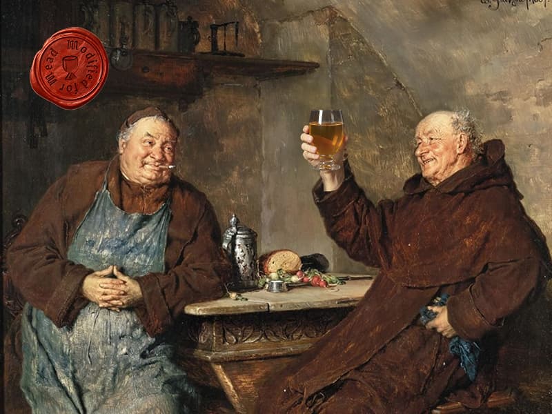 This artwork has been modified (to show mead) · Two Monks Having a Meal in the Monastery Cellar (1884), Eduard von Grützner